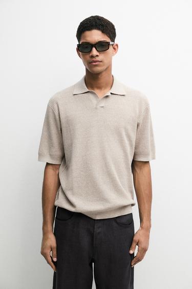 Zara Cotton blend knit polo shirt - Beige