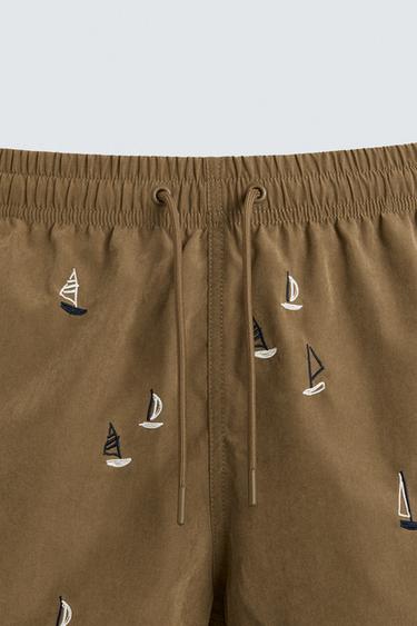 EMBROIDERED MID-LENGTH SWIMMING TRUNKS - Brown by Zara - Image 7