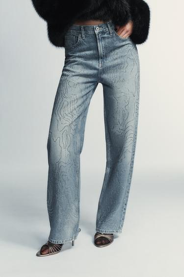 TRF HIGH-WAIST STRAIGHT JEANS WITH SHINY DETAILS - Blue by Zara