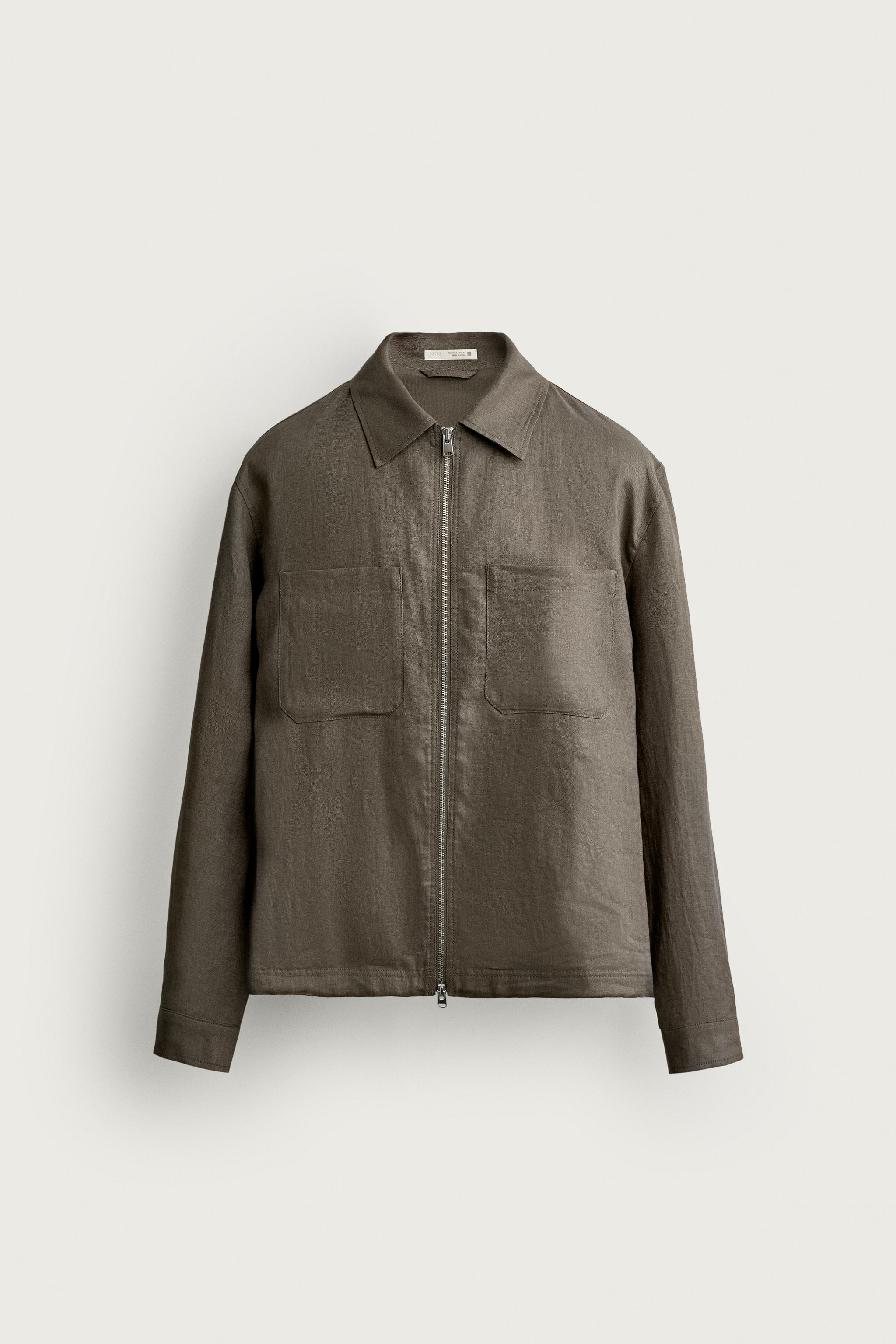 100% LINEN ZIP-UP OVERSHIRT — Mink