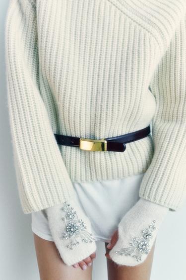 THIN LEATHER BELT WITH RECTANGULAR BUCKLE - Burgundy by Zara