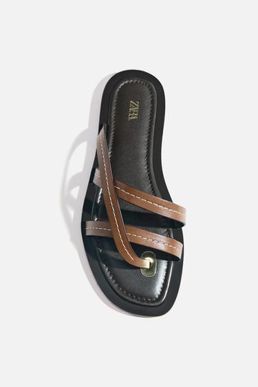 Zara LEATHER STRAPPY FLAT SANDALS - Brown
