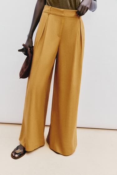 WIDE-LEG LINEN BLEND TROUSERS - Curry by Zara