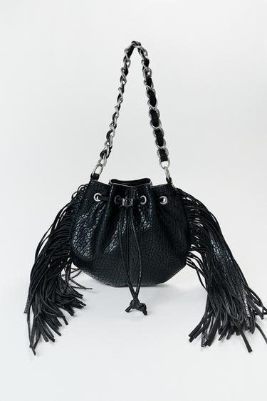 Zara FRINGE SHOULDER BAG - Black