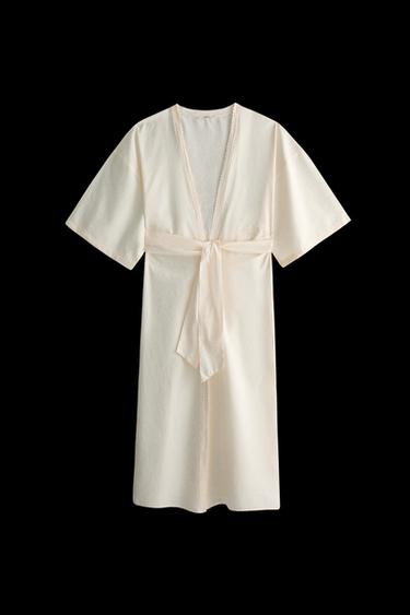 LACE AND COTTON DRESSING GOWN WITH SEAMS - Pink by Zara - Image 0