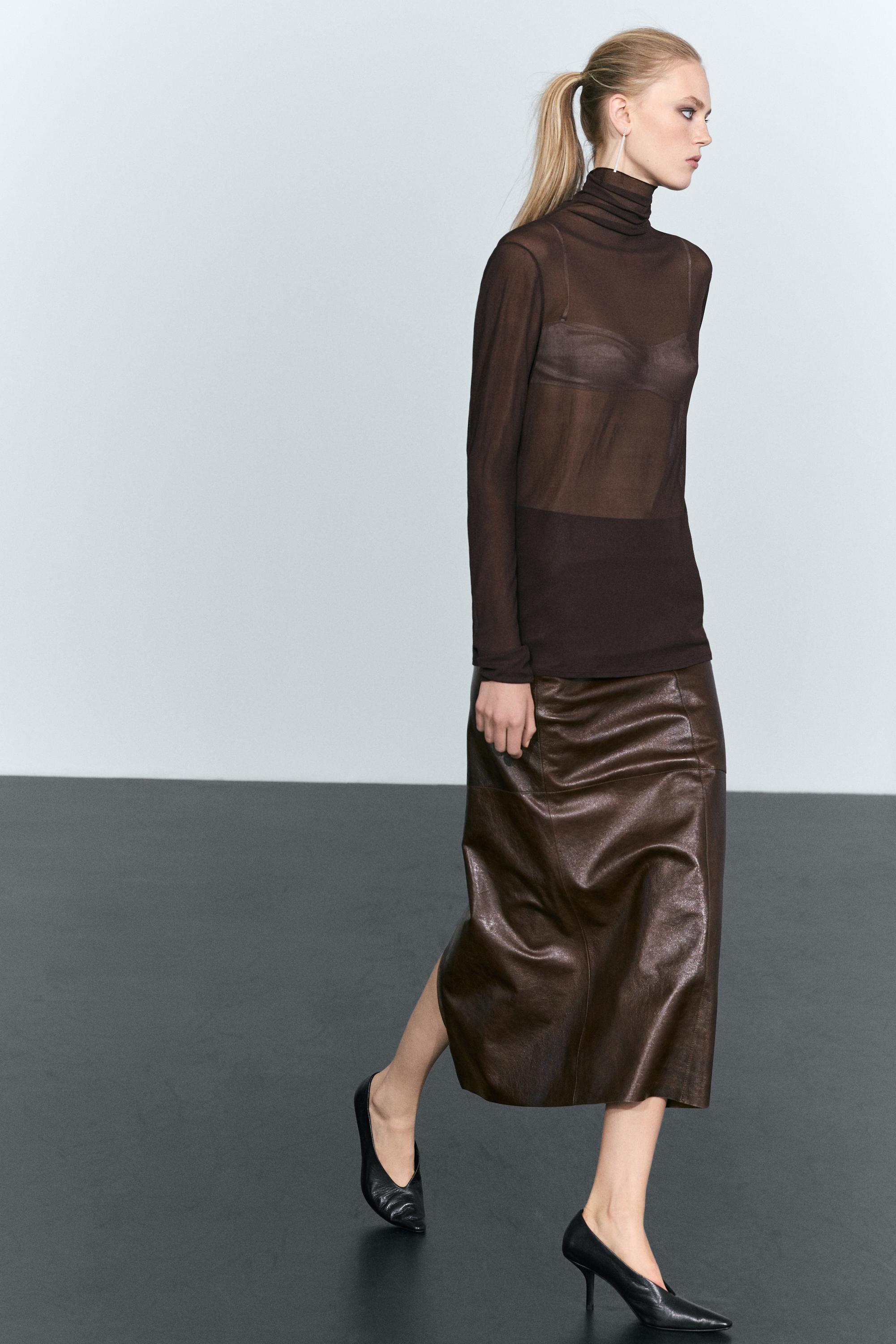 Straight nappa leather midi skirt with seams