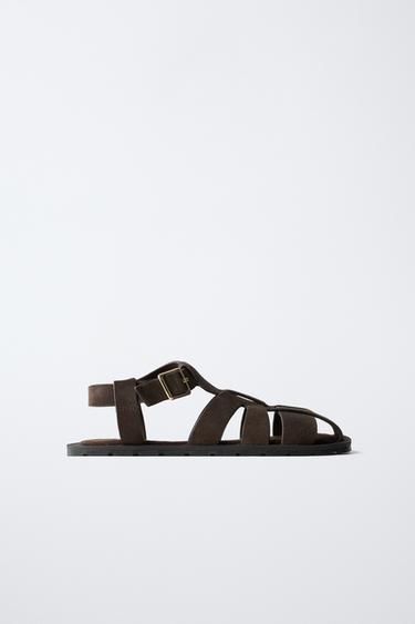 Zara KOŽNE SANDALE S T-REMENJEM – Smeđa – Slika 0