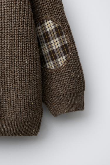 Zara CHUNKY KNIT SWEATER WITH ELBOW PATCHES - Green marl