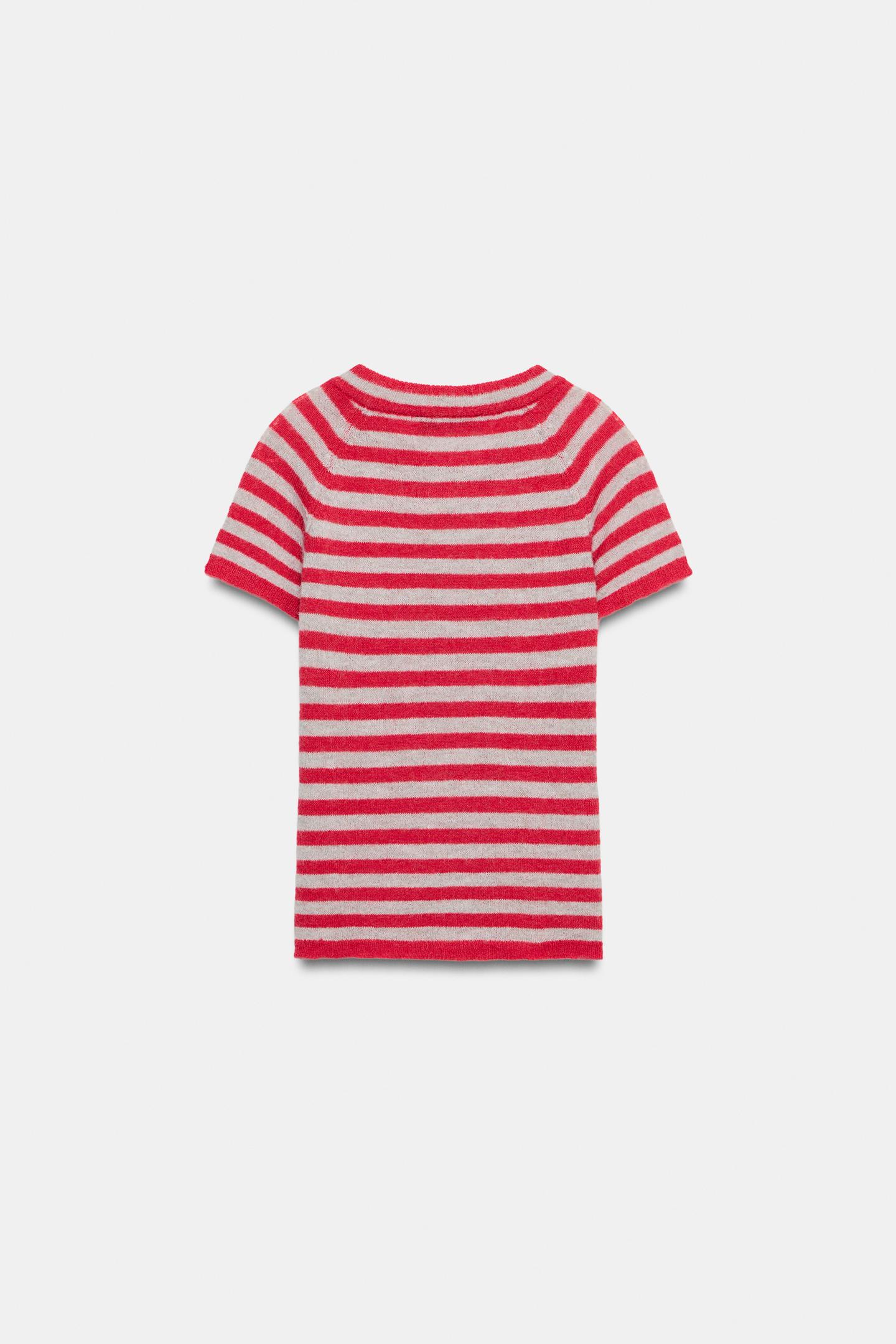 Женский кардиган Zara Striped Short-Sleeve Cardigan, цвет: Белый / Красный — фото 6