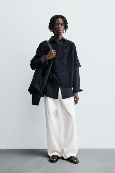 CROCHET TEXTURED T-SHIRT - Navy blue by Zara