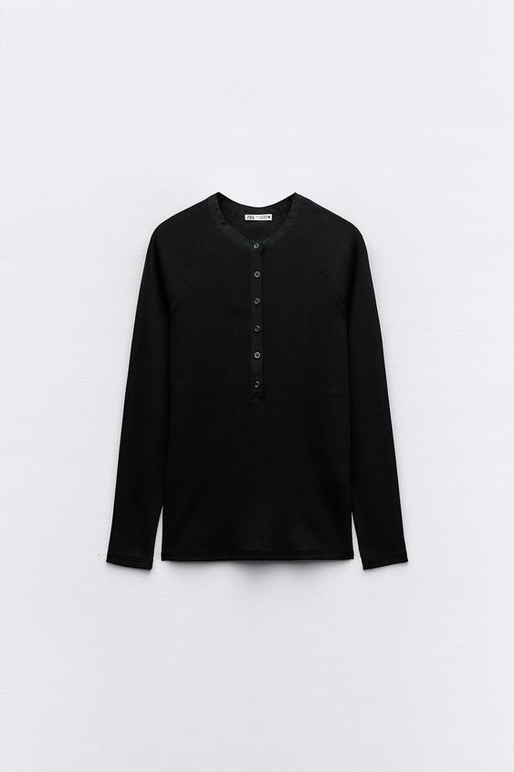 LONG SLEEVED RIBBED T-SHIRT - Black