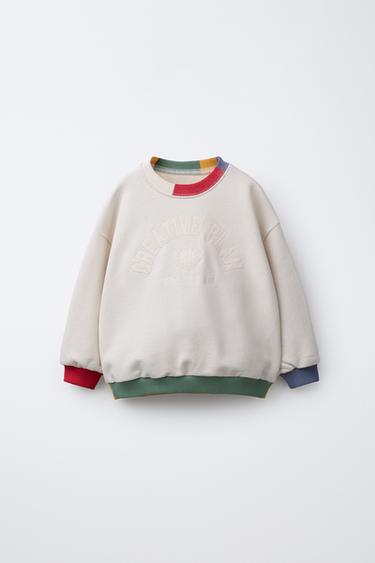 CONTRAST RIB EMBROIDERED SLOGAN SWEATSHIRT - Beige by Zara