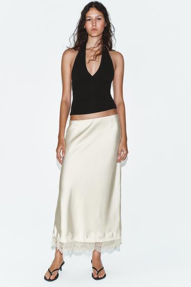 Zara SATIN EFFECT LACE MIDI SKIRT - Mid-ecru