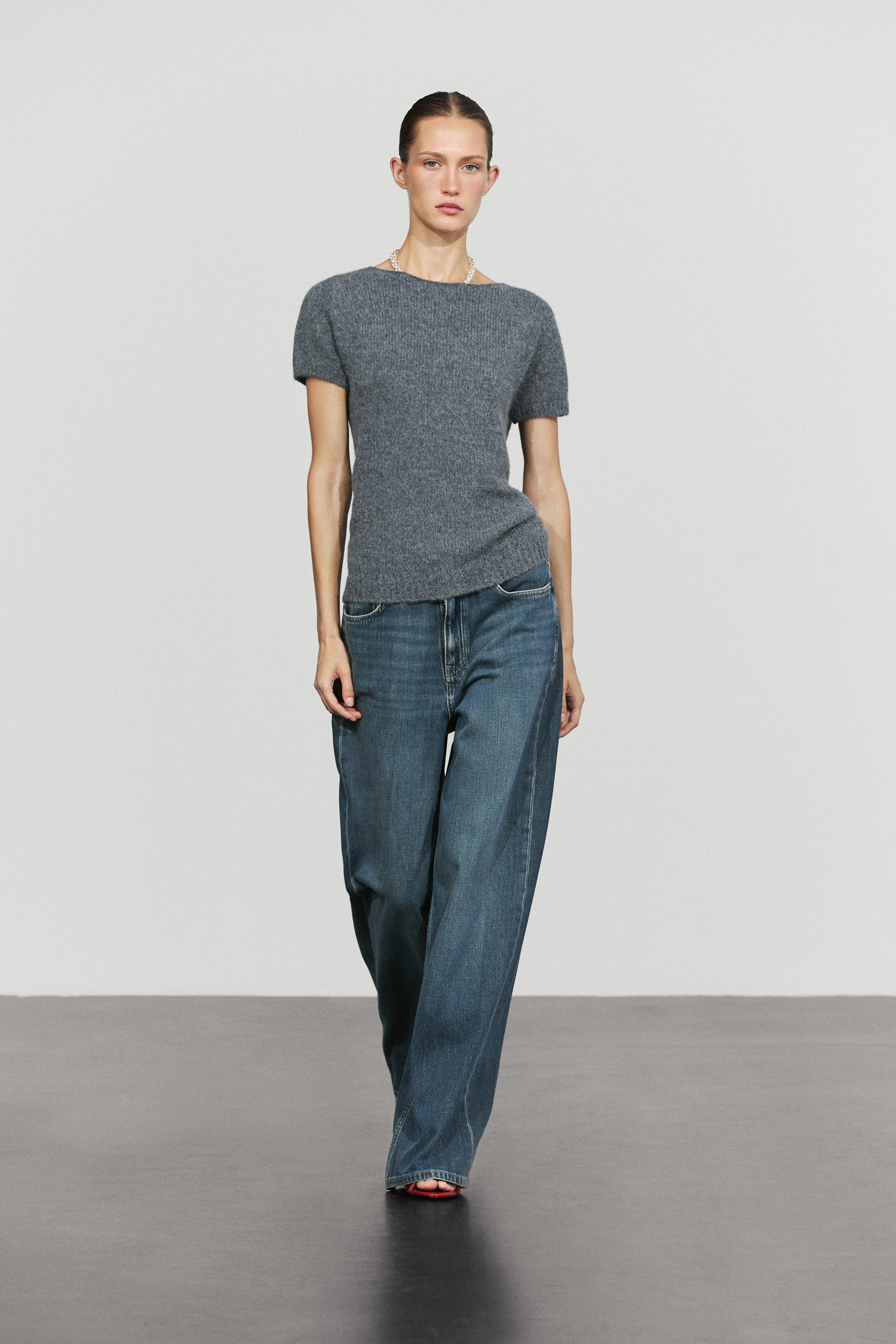 Short sleeve alpaca blend knit sweater — Blue / Gray