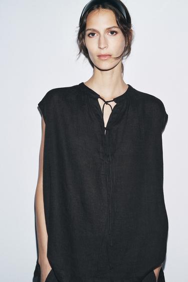 100% LINEN BLOUSE WITH TIES - Black by Zara