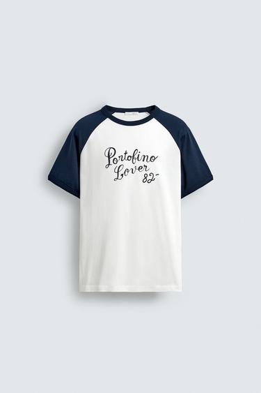 T-SHIRT COLOR BLOCK INSCRIPTION PORTOFINO - Bleu marine de Zara