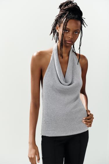 توب هالتير محبوك بخيوط معدنية - فضي الخاص بـ Zara
