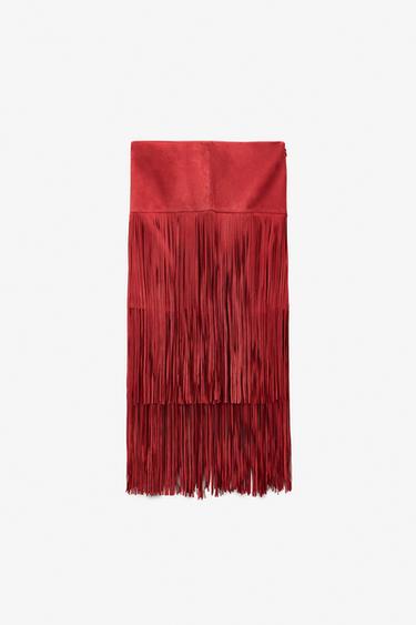 LIMITED EDITION SUEDE LEATHER FRINGE SKIRT - Red by Zara - Image 3