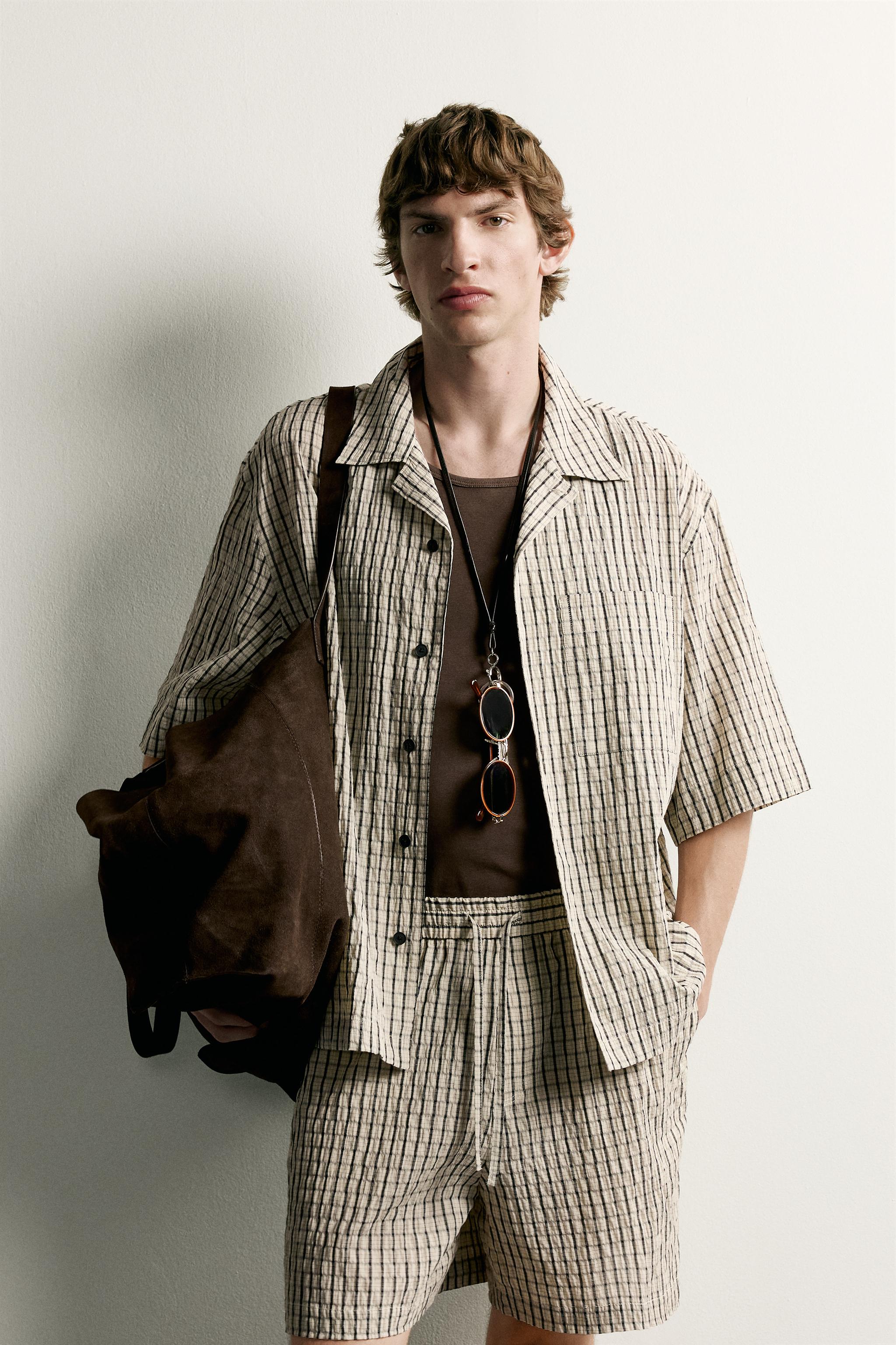 RELAXED FIT PLAID SHIRT — Light beige