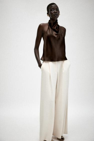 Zara SATIN EFFECT HALTER TOP - Brown