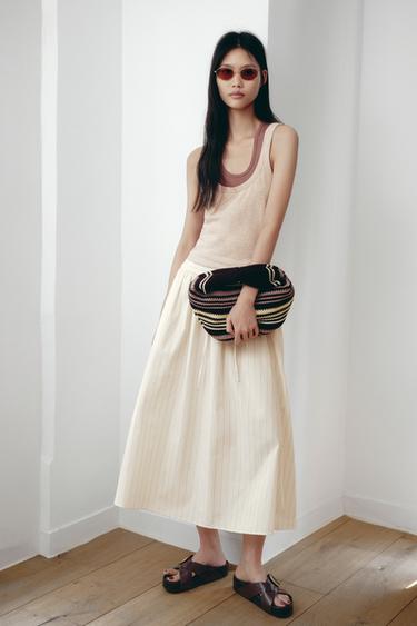 Zara 條紋中長裙 ZW COLLECTION - 裸色 / 暗紅色