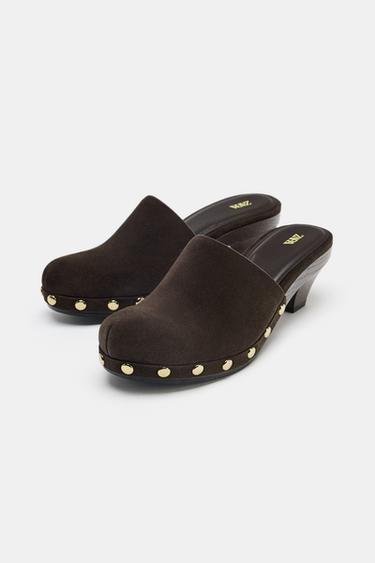 SPLIT SUEDE STUDDED KITTEN CLOGS - Brown by Zara - Image 5