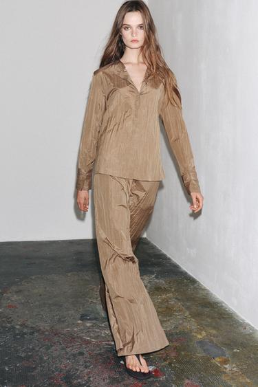 Zara ZW COLLECTION PLEATED PALAZZO PANTS - Beige - Image 0