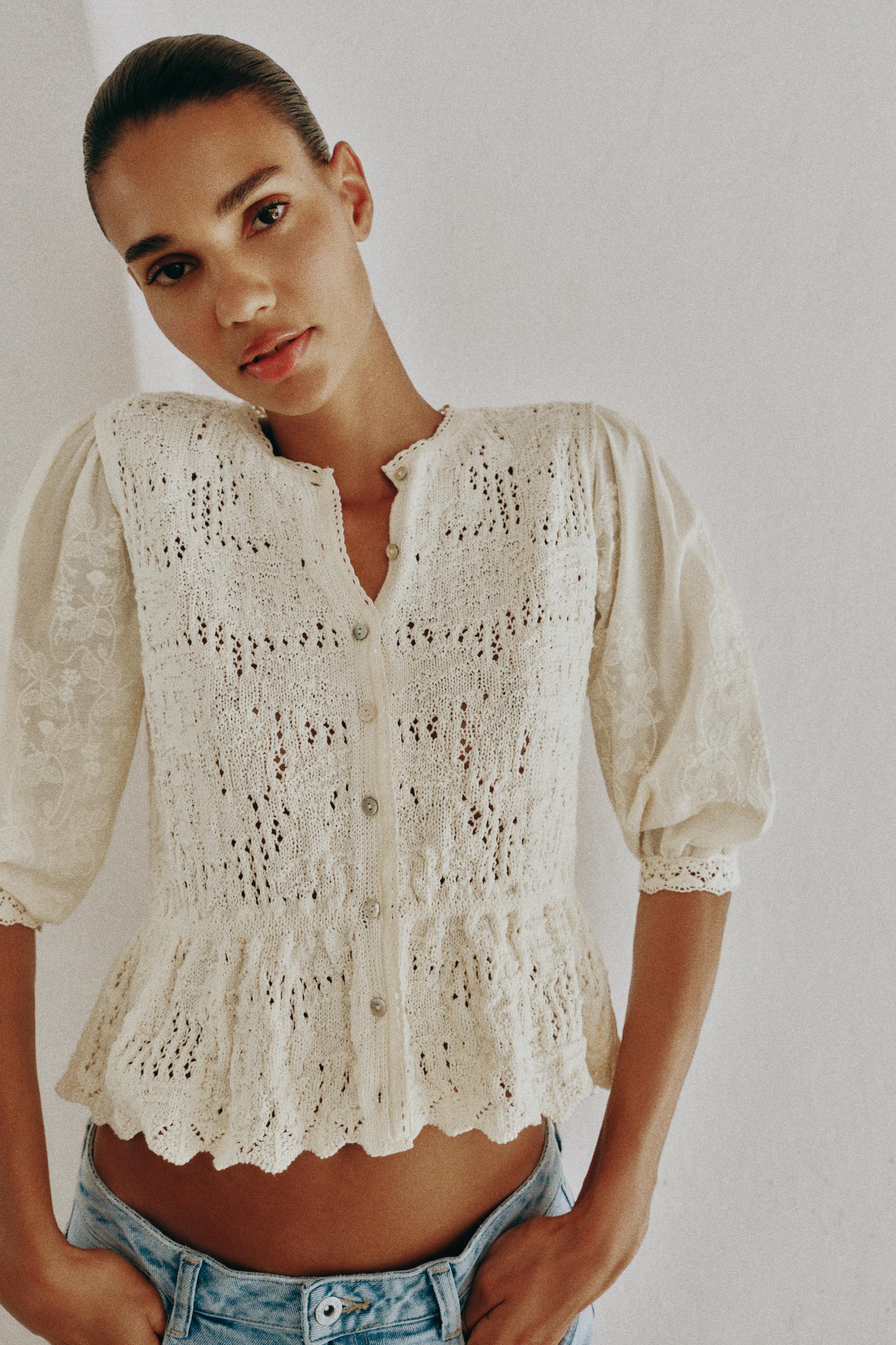 ROMANTIC MIXED-FABRIC CARDIGAN — Ecru