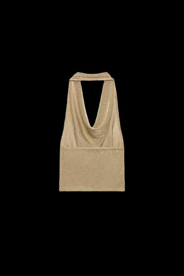 Zara METALLIC THREAD HALTER KNIT TOP - Golden
