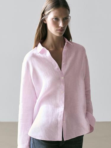 Zara Flowing pinstriped 100% linen shirt - Pink