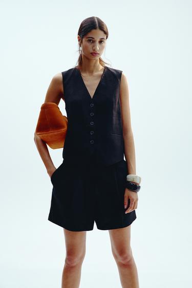 Zara HIGH-WAISTED LINEN SHORTS - Black