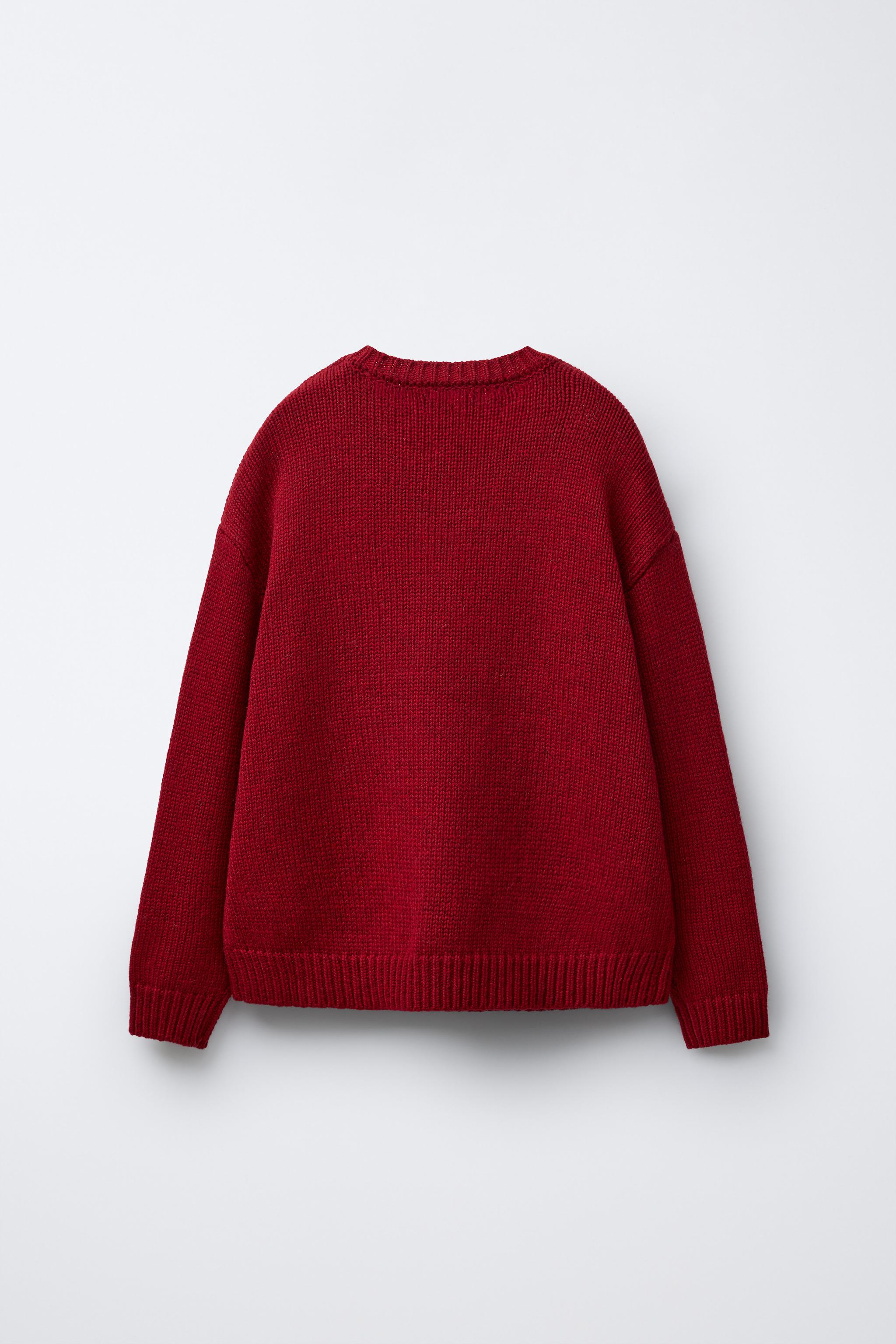 7-12歳 / ウール混ニットセーター 刺繍入りテディベア - ダークレッド