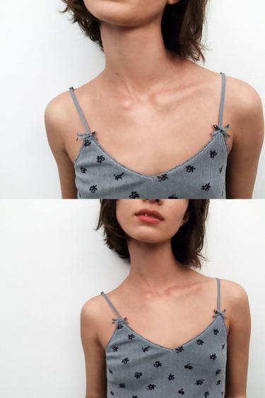 TOP POINTELLE À FLEURS - Gris de Zara