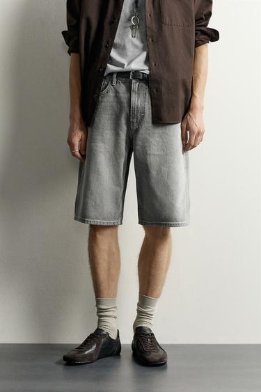 מכנסי ברמודה Loose fit מבד דנים - אפור של Zara