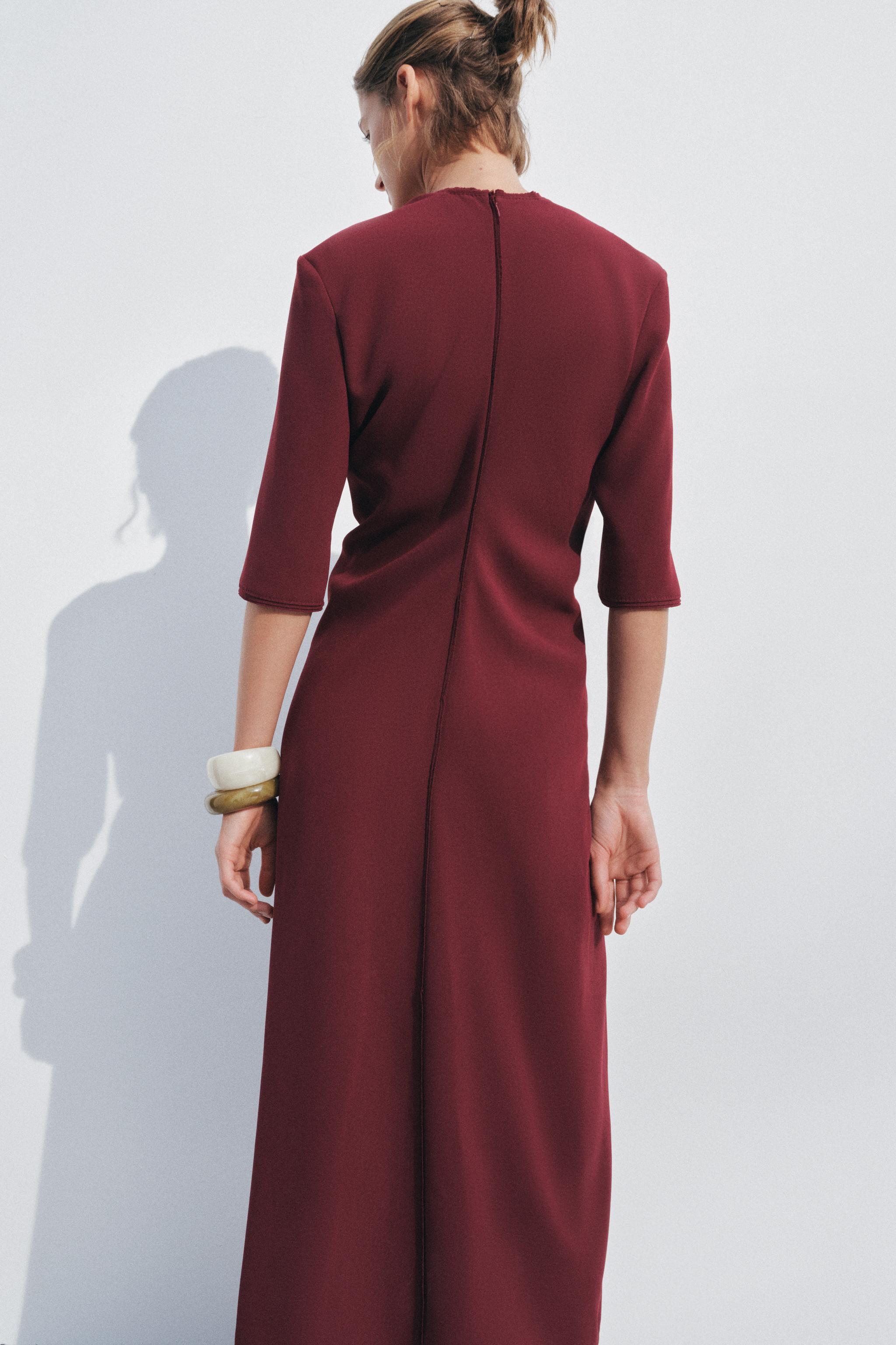 ZW COLLECTION ギャザーミディ丈ワンピース - エンジ | ZARA