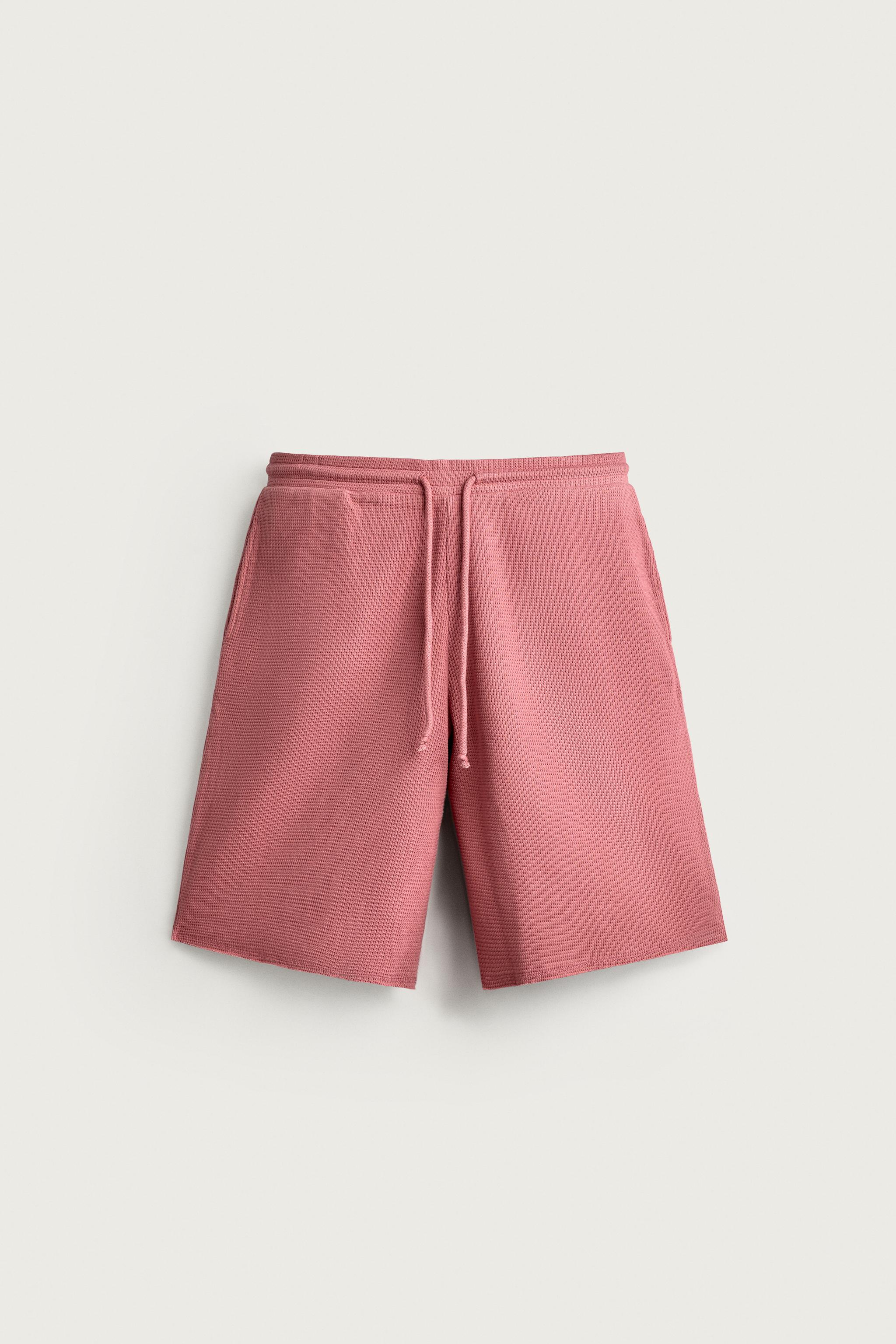 WASHED WAFFLE KNIT JOGGER SHORTS — Pink
