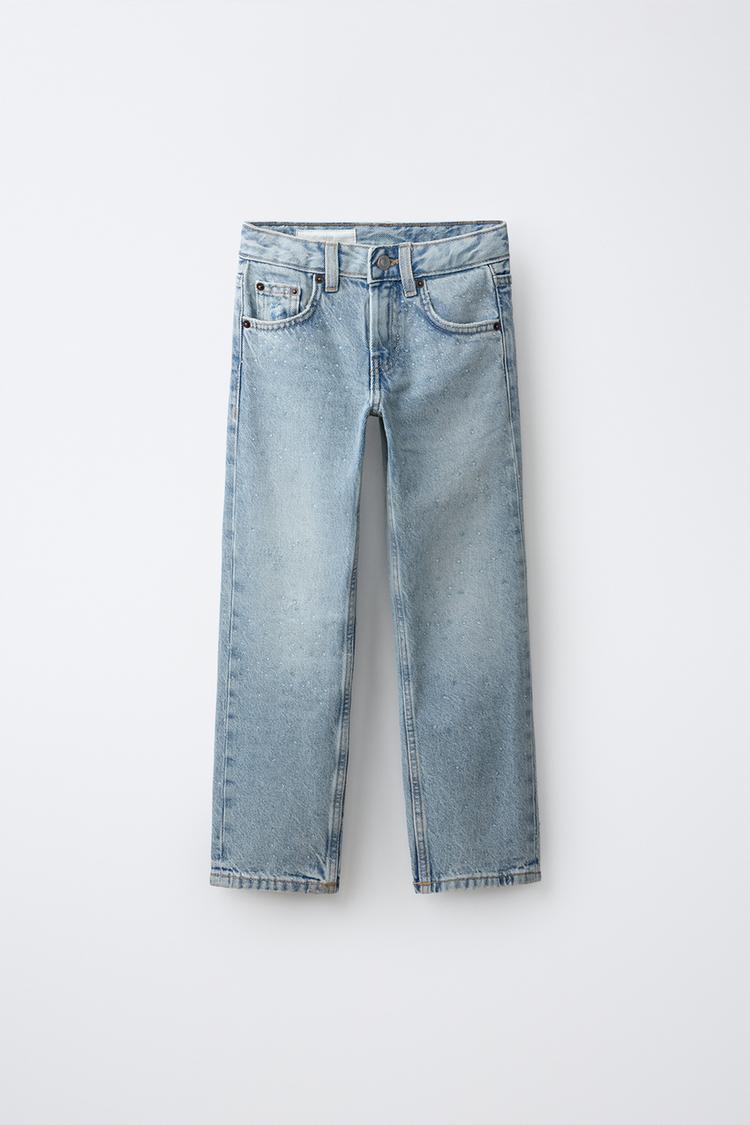 STRAIGHT-FIT RHINESTONE JEANS — Blue
