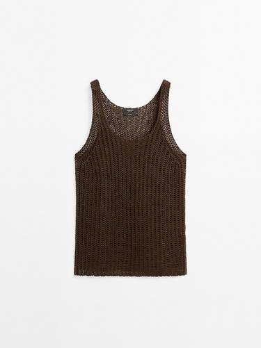 Zara Linen knit top with round neckline - Chocolate