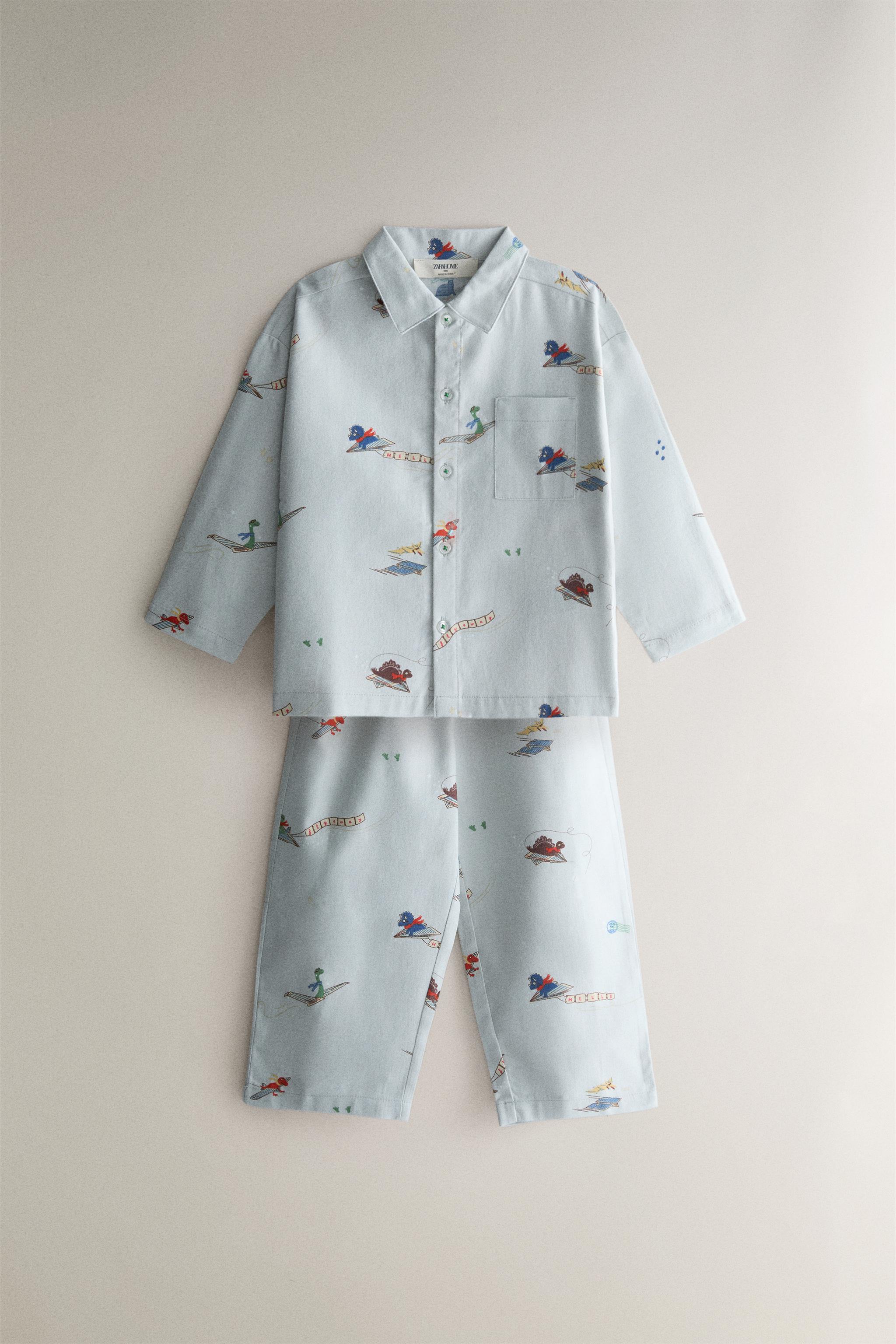 KIDS' DINOSAUR FLANNEL PYJAMA SET — Light blue
