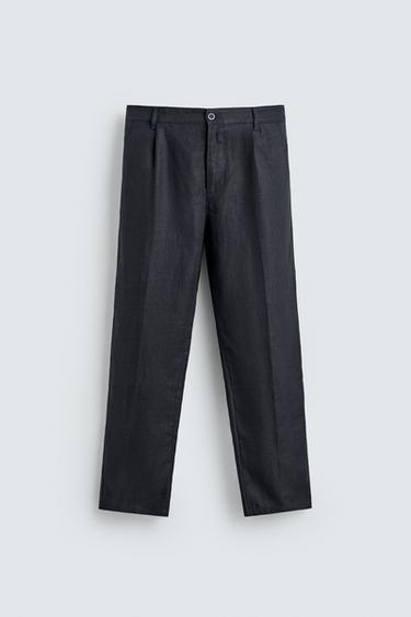 100% LINEN PLEATED TROUSERS - Navy blue by Zara