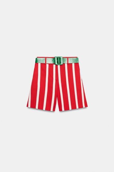 SHORT À RAYURES AVEC CEINTURE - Écru / Rouge de Zara - Image 8