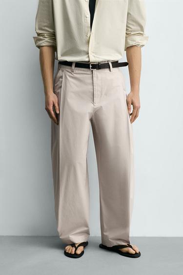 STRAIGHT-LEG POPLIN PLEATED TROUSERS - Pearl / Beige by Zara - Image 1