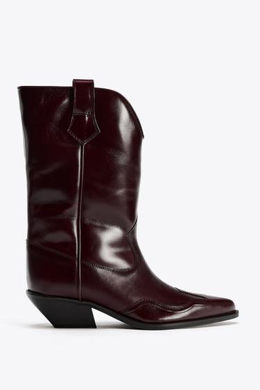 LEATHER COWBOY BOOTS - Burgundy Red by Zara