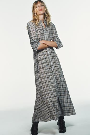 Zara PLAID SHIRT DRESS - Brown-Blue - Image 0