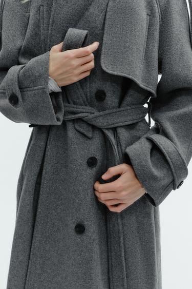 ABRIGO CRUZADO CINTURÓN TRABILLAS - Gris vigoré de Zara