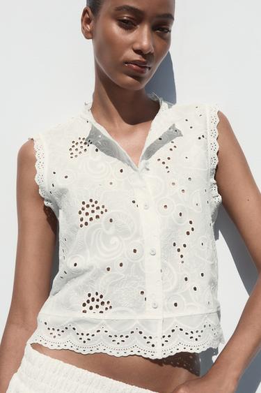 TOP WITH CUTWORK EMBROIDERY - White by Zara - Image 2
