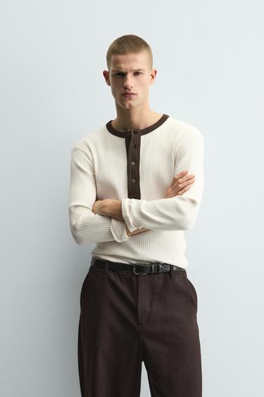 RIBBED T-SHIRT WITH CONTRAST COLLAR - Oyster-white by Zara