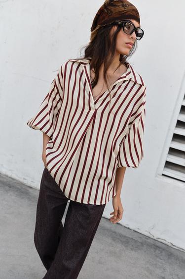 CHEMISE À RAYURES ET MANCHES BOUFFANTES - Écru / Grenat de Zara - Image 4