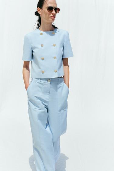 SHORT SLEEVE DOUBLE-BREASTED BLAZER - Sky blue by Zara - Image 4