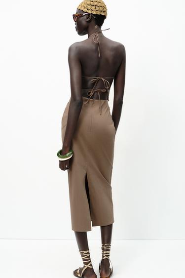 ROBE MIDI HALTER ORNEMENT - Marron de Zara - Image 6